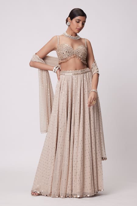 Vvani by Vani Vats Beige Georgette Hand Embroidery Mirror Sweetheart Neck Lehenga Set 