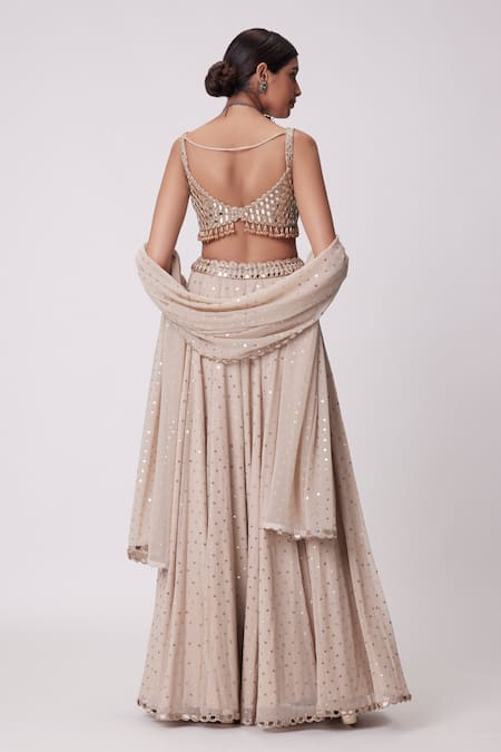 Shop Vvani By Vani Vats Beige Georgette Beads, Mirrors Sweetheart Neck Embroidered Lehenga Set at Aza Fashions Shop_Vvani By Vani Vats_Beige Georgette Beads, Mirrors Sweetheart Neck Embroidered Lehenga Set _at_Aza_Fashions