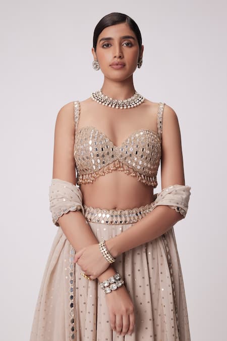 Vvani By Vani Vats Beige Georgette Beads, Mirrors Sweetheart Neck Embroidered Lehenga Set Online at Aza Fashions Vvani By Vani Vats_Beige Georgette Beads, Mirrors Sweetheart Neck Embroidered Lehenga Set _Online_at_Aza_Fashions