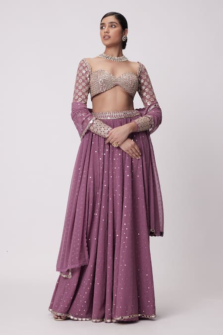 Vvani by Vani Vats Purple Georgette Hand Embroidery Mirror Sweetheart Neck Butti Lehenga Set 