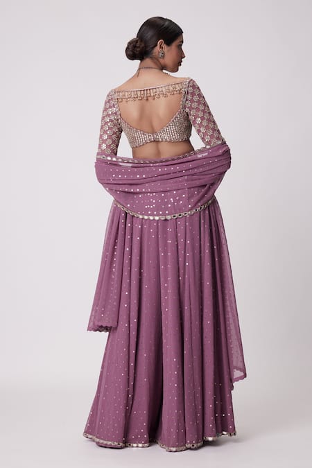 Shop Vvani By Vani Vats Purple Georgette Mirrors Sweetheart Neck Butti Embroidered Lehenga Set at Aza Fashions Shop_Vvani By Vani Vats_Purple Georgette Mirrors Sweetheart Neck Butti Embroidered Lehenga Set _at_Aza_Fashions