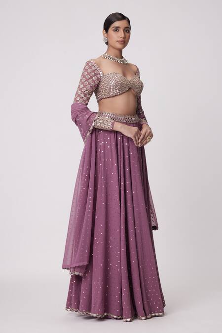 Vvani By Vani Vats Purple Georgette Mirrors Sweetheart Neck Butti Embroidered Lehenga Set Online at Aza Fashions Vvani By Vani Vats_Purple Georgette Mirrors Sweetheart Neck Butti Embroidered Lehenga Set _Online_at_Aza_Fashions