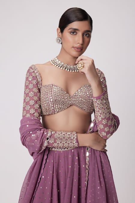 Buy Vvani By Vani Vats Purple Georgette Mirrors Sweetheart Neck Butti Embroidered Lehenga Set Online at Aza Fashions Buy_Vvani By Vani Vats_Purple Georgette Mirrors Sweetheart Neck Butti Embroidered Lehenga Set _Online_at_Aza_Fashions