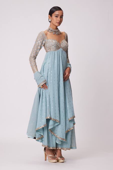 Vvani By Vani Vats_Blue Georgette Embroidery, Mirrors Sweetheart Neck Hand Anarkali Pant Set _Online_at_Aza_Fashions