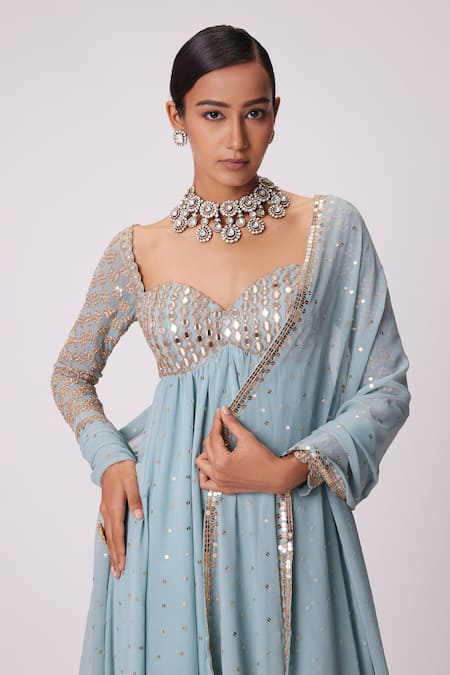 Buy_Vvani By Vani Vats_Blue Georgette Embroidery, Mirrors Sweetheart Neck Hand Anarkali Pant Set _Online_at_Aza_Fashions
