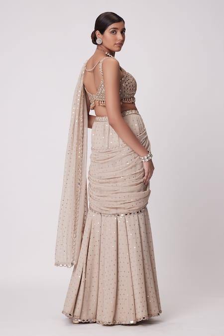 Shop Vvani By Vani Vats Beige Georgette Mirrors Sweetheart Pre-draped Embroidered Saree With Blouse at Aza Fashions Shop_Vvani By Vani Vats_Beige Georgette Mirrors Sweetheart Pre-draped Embroidered Saree With Blouse _at_Aza_Fashions