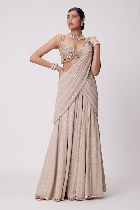 Vvani By Vani Vats Beige Georgette Mirrors Sweetheart Pre-draped Embroidered Saree With Blouse Online at Aza Fashions Vvani By Vani Vats_Beige Georgette Mirrors Sweetheart Pre-draped Embroidered Saree With Blouse _Online_at_Aza_Fashions