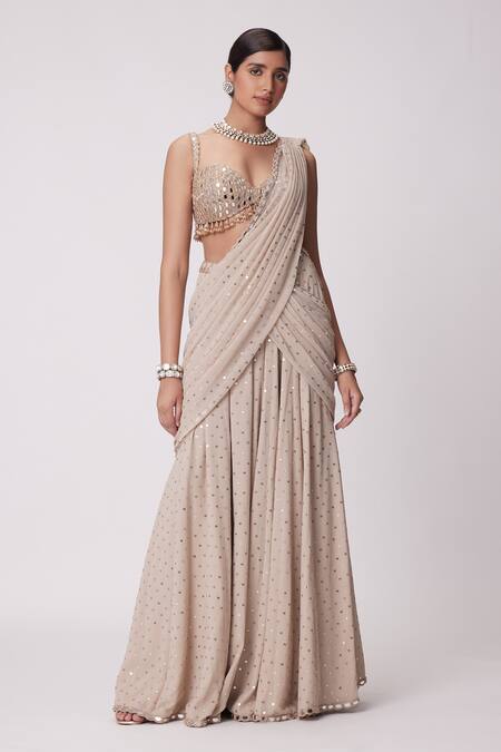 Buy Vvani By Vani Vats Beige Georgette Mirrors Sweetheart Pre-draped Embroidered Saree With Blouse Online at Aza Fashions Buy_Vvani By Vani Vats_Beige Georgette Mirrors Sweetheart Pre-draped Embroidered Saree With Blouse _Online_at_Aza_Fashions