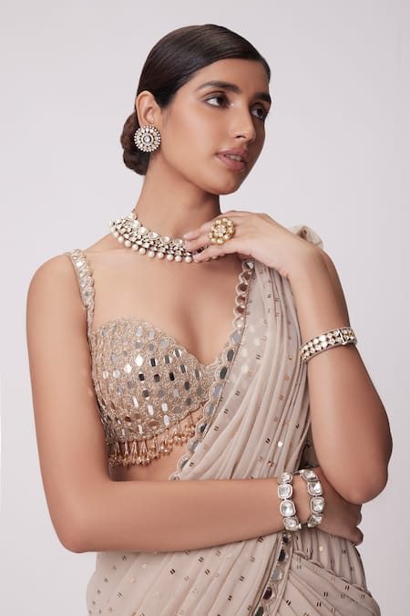 Shop Vvani By Vani Vats Beige Georgette Mirrors Sweetheart Pre-draped Embroidered Saree With Blouse Online at Aza Fashions Shop_Vvani By Vani Vats_Beige Georgette Mirrors Sweetheart Pre-draped Embroidered Saree With Blouse _Online_at_Aza_Fashions