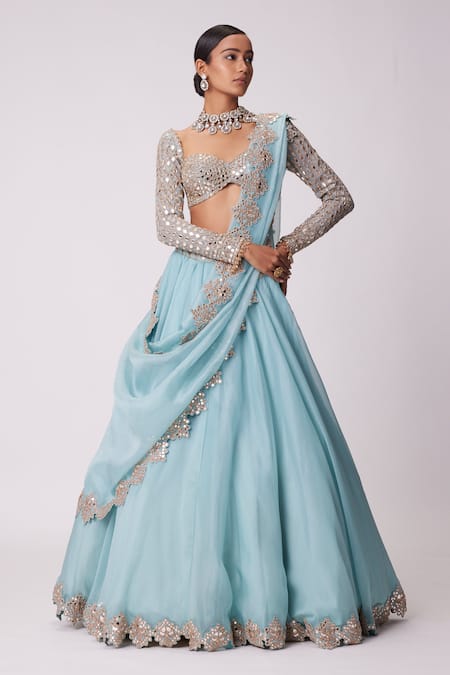 Vvani By Vani Vats Blue Georgette, Organza Mirrors Sweetheart Neck Cutwork Embroidered Lehenga Set Online at Aza Fashions Vvani By Vani Vats_Blue Georgette, Organza Mirrors Sweetheart Neck Cutwork Embroidered Lehenga Set _Online_at_Aza_Fashions