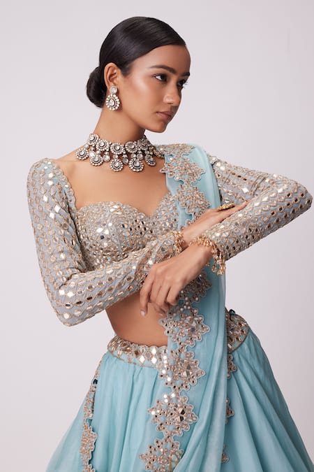 Buy Vvani By Vani Vats Blue Georgette, Organza Mirrors Sweetheart Neck Cutwork Embroidered Lehenga Set Online at Aza Fashions Buy_Vvani By Vani Vats_Blue Georgette, Organza Mirrors Sweetheart Neck Cutwork Embroidered Lehenga Set _Online_at_Aza_Fashions