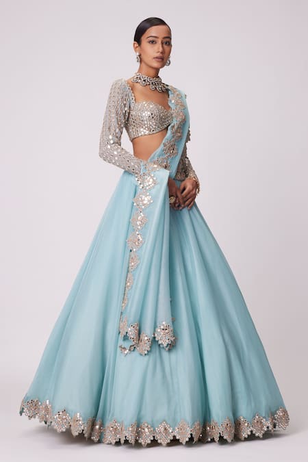 Shop Vvani By Vani Vats Blue Georgette, Organza Mirrors Sweetheart Neck Cutwork Embroidered Lehenga Set Online at Aza Fashions Shop_Vvani By Vani Vats_Blue Georgette, Organza Mirrors Sweetheart Neck Cutwork Embroidered Lehenga Set _Online_at_Aza_Fashions
