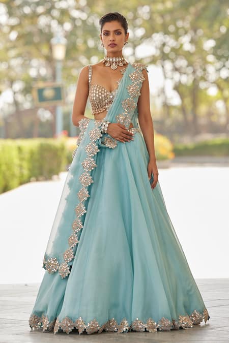 Vvani by Vani Vats Blue Lehenga And Dupatta Organza Hand Embroidery Mirror Geometric Blouse Set 