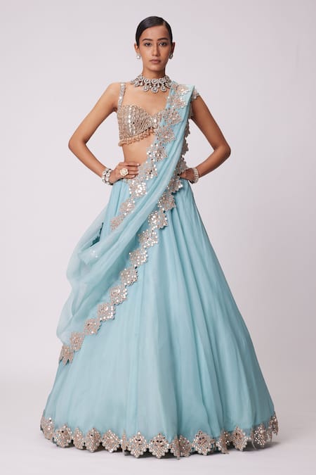Vvani By Vani Vats Blue Georgette, Organza Beads, Mirrors Geometric Embroidered Blouse Lehenga Set Online at Aza Fashions Vvani By Vani Vats_Blue Georgette, Organza Beads, Mirrors Geometric Embroidered Blouse Lehenga Set _Online_at_Aza_Fashions