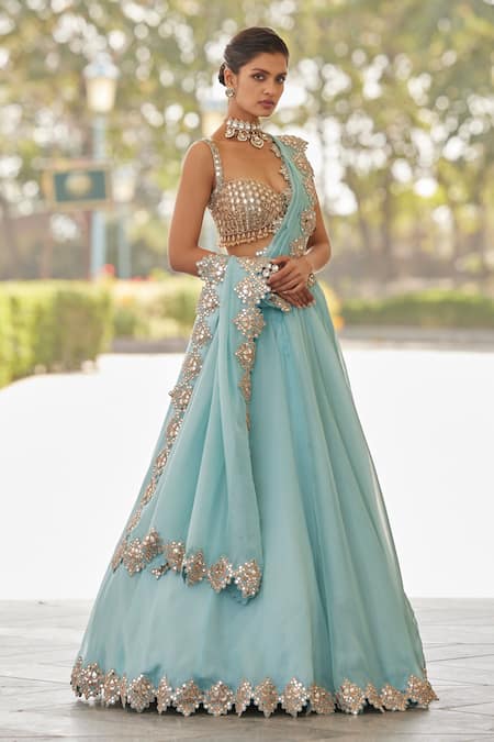 Buy Vvani By Vani Vats Blue Georgette, Organza Beads, Mirrors Geometric Embroidered Blouse Lehenga Set Online at Aza Fashions Buy_Vvani By Vani Vats_Blue Georgette, Organza Beads, Mirrors Geometric Embroidered Blouse Lehenga Set _Online_at_Aza_Fashions