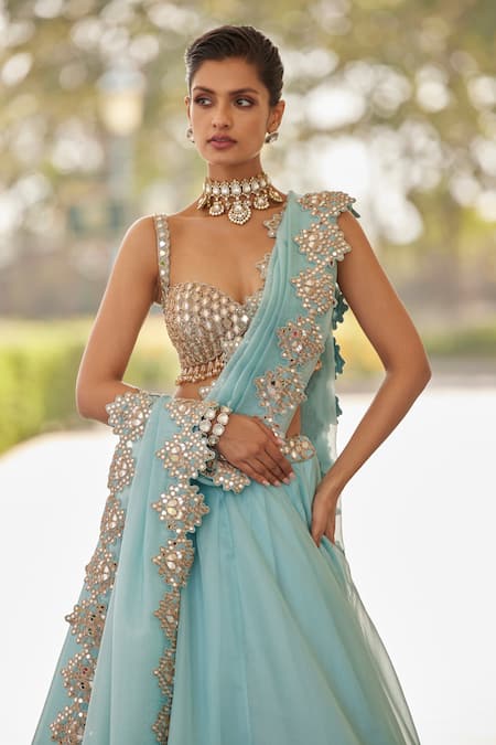 Shop Vvani By Vani Vats Blue Georgette, Organza Beads, Mirrors Geometric Embroidered Blouse Lehenga Set Online at Aza Fashions Shop_Vvani By Vani Vats_Blue Georgette, Organza Beads, Mirrors Geometric Embroidered Blouse Lehenga Set _Online_at_Aza_Fashions