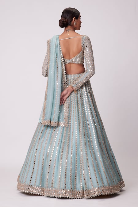 Shop Vvani By Vani Vats Blue Georgette, Organza Mirrors Sweetheart Neck Linear Embroidered Lehenga Set at Aza Fashions Shop_Vvani By Vani Vats_Blue Georgette, Organza Mirrors Sweetheart Neck Linear Embroidered Lehenga Set _at_Aza_Fashions