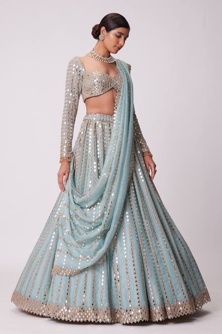 Buy Vvani By Vani Vats Blue Georgette, Organza Mirrors Sweetheart Neck Linear Embroidered Lehenga Set Online at Aza Fashions Buy_Vvani By Vani Vats_Blue Georgette, Organza Mirrors Sweetheart Neck Linear Embroidered Lehenga Set _Online_at_Aza_Fashions