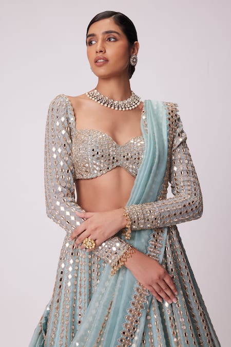 Shop Vvani By Vani Vats Blue Georgette, Organza Mirrors Sweetheart Neck Linear Embroidered Lehenga Set Online at Aza Fashions Shop_Vvani By Vani Vats_Blue Georgette, Organza Mirrors Sweetheart Neck Linear Embroidered Lehenga Set _Online_at_Aza_Fashions