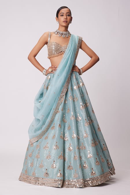 Vvani By Vani Vats Blue Georgette, Organza Sequins, Mirrors And Embroidered Bridal Lehenga Set Online at Aza Fashions Vvani By Vani Vats_Blue Georgette, Organza Sequins, Mirrors And Embroidered Bridal Lehenga Set _Online_at_Aza_Fashions