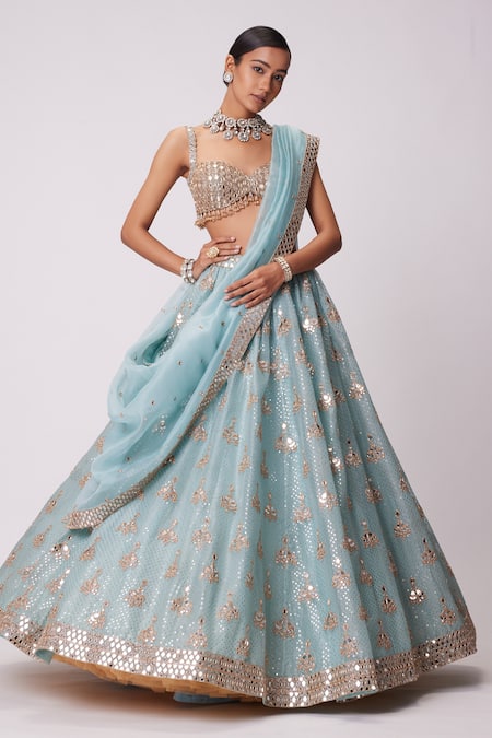 Shop Vvani By Vani Vats Blue Georgette, Organza Sequins, Mirrors And Embroidered Bridal Lehenga Set Online at Aza Fashions Shop_Vvani By Vani Vats_Blue Georgette, Organza Sequins, Mirrors And Embroidered Bridal Lehenga Set _Online_at_Aza_Fashions