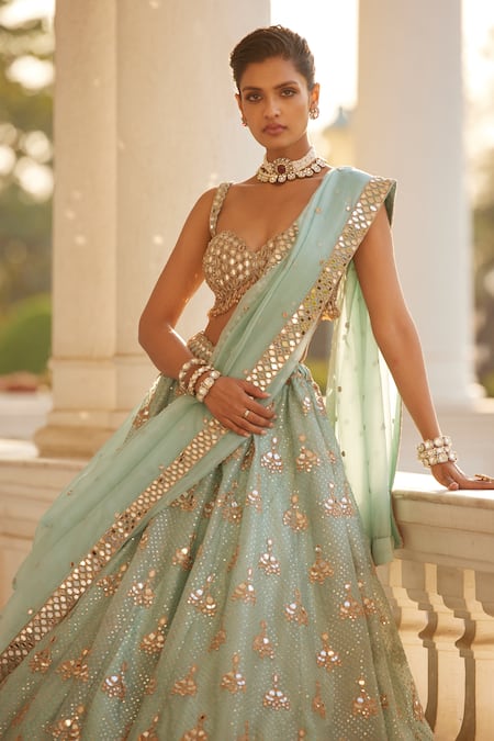 Buy Vvani By Vani Vats Blue Georgette, Organza Sequins, Mirrors And Embroidered Bridal Lehenga Set Buy_Vvani By Vani Vats_Blue Georgette, Organza Sequins, Mirrors And Embroidered Bridal Lehenga Set