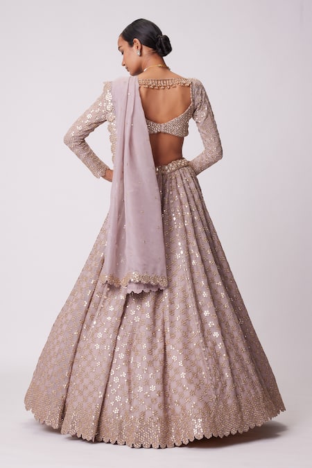 Vvani By Vani Vats_Pink Georgette, Organza Sequins, Mirrors, Embroidery Floral Jaal Lehenga Set _Online_at_Aza_Fashions