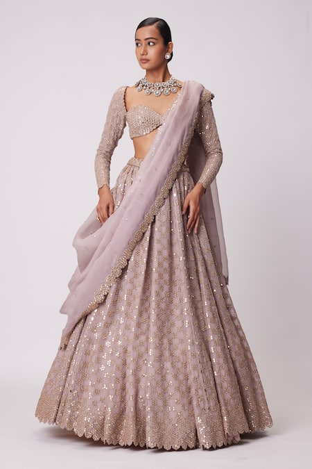 Buy_Vvani By Vani Vats_Pink Georgette, Organza Sequins, Mirrors, Embroidery Floral Jaal Lehenga Set _Online_at_Aza_Fashions