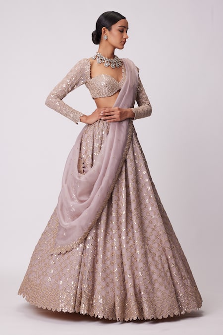 Shop_Vvani By Vani Vats_Pink Georgette, Organza Sequins, Mirrors, Embroidery Floral Jaal Lehenga Set _Online_at_Aza_Fashions