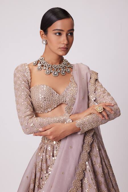 Vvani By Vani Vats_Pink Georgette, Organza Sequins, Mirrors, Embroidery Floral Jaal Lehenga Set _at_Aza_Fashions