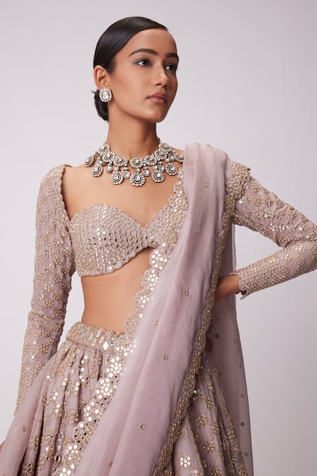 Buy_Vvani By Vani Vats_Pink Georgette, Organza Sequins, Mirrors, Embroidery Floral Jaal Lehenga Set 