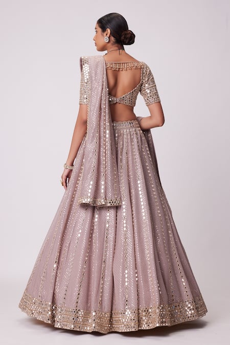 Shop_Vvani By Vani Vats_Pink Georgette, Organza Beads, Mirrors, Linear Embroidered Lehenga Blouse Set _at_Aza_Fashions