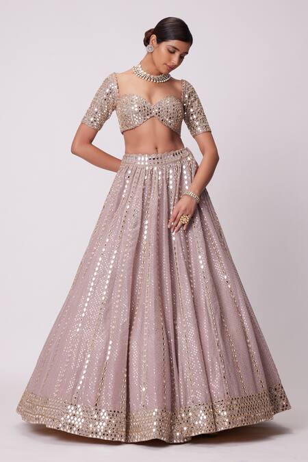 Vvani By Vani Vats_Pink Georgette, Organza Beads, Mirrors, Linear Embroidered Lehenga Blouse Set _Online_at_Aza_Fashions