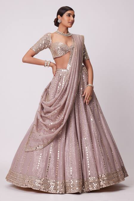Buy_Vvani By Vani Vats_Pink Georgette, Organza Beads, Mirrors, Linear Embroidered Lehenga Blouse Set _Online_at_Aza_Fashions