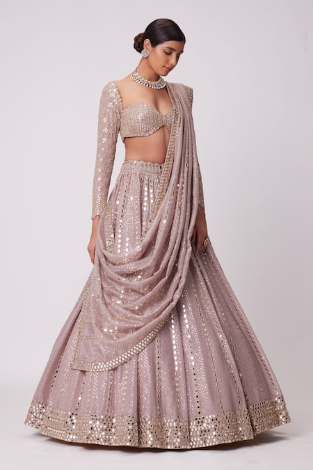 Vvani By Vani Vats_Pink Georgette, Organza Embroidery, Sequins, Mirrors Bridal Lehenga Set _Online_at_Aza_Fashions