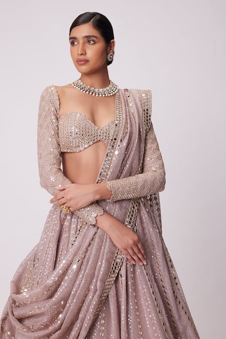 Buy_Vvani By Vani Vats_Pink Georgette, Organza Embroidery, Sequins, Mirrors Bridal Lehenga Set _Online_at_Aza_Fashions