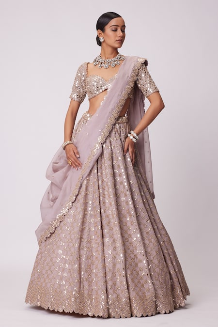 Vvani by Vani Vats Pink Lehenga And Dupatta Organza Embroidery Mirror Sweetheart Flower Jaal Set 