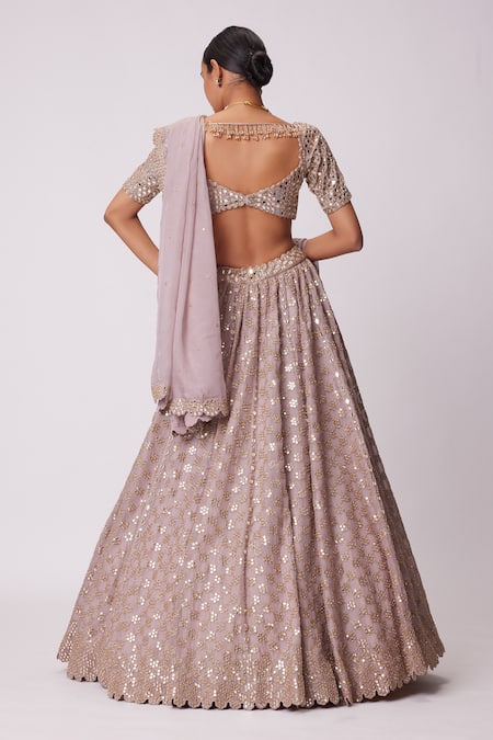 Shop_Vvani By Vani Vats_Pink Georgette, Organza Mirrors, Embroidery Sweetheart Flower Jaal Lehenga Set _at_Aza_Fashions