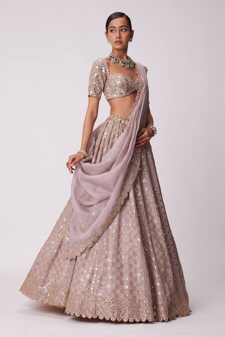 Vvani By Vani Vats_Pink Georgette, Organza Mirrors, Embroidery Sweetheart Flower Jaal Lehenga Set _Online_at_Aza_Fashions