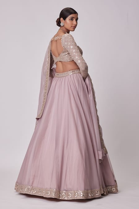 Shop_Vvani By Vani Vats_Pink Georgette, Organza Embroidery, Mirrors Sweetheart Placement Lehenga Set _at_Aza_Fashions