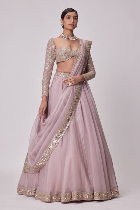 Vvani By Vani Vats_Pink Georgette, Organza Embroidery, Mirrors Sweetheart Placement Lehenga Set _Online_at_Aza_Fashions
