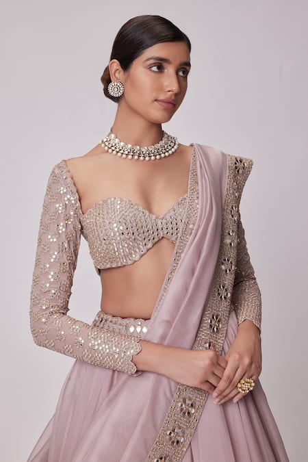 Buy_Vvani By Vani Vats_Pink Georgette, Organza Embroidery, Mirrors Sweetheart Placement Lehenga Set _Online_at_Aza_Fashions