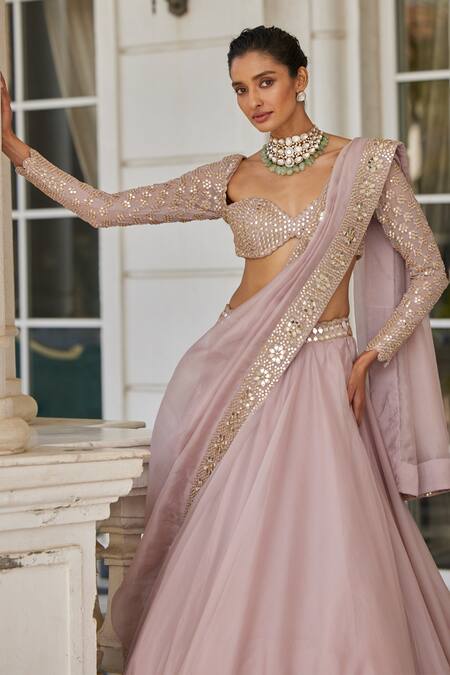 Shop_Vvani By Vani Vats_Pink Georgette, Organza Embroidery, Mirrors Sweetheart Placement Lehenga Set _Online_at_Aza_Fashions