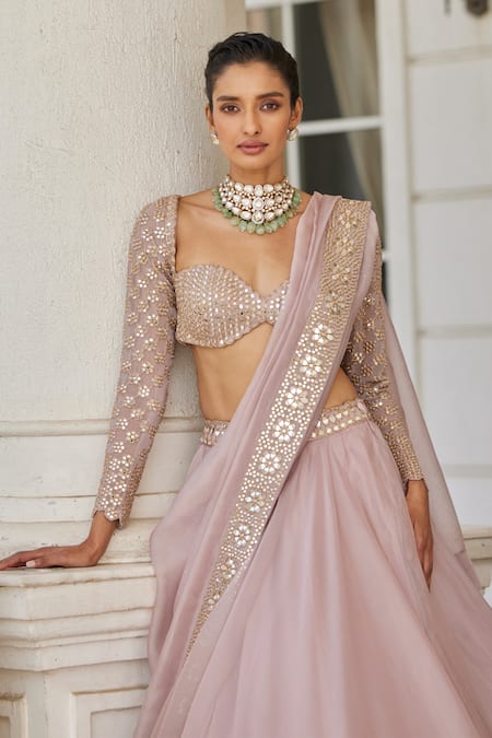 Vvani By Vani Vats_Pink Georgette, Organza Embroidery, Mirrors Sweetheart Placement Lehenga Set _at_Aza_Fashions
