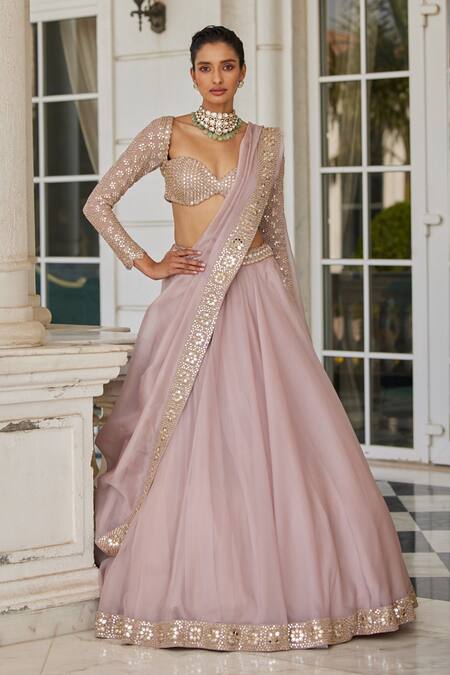 Buy_Vvani By Vani Vats_Pink Georgette, Organza Embroidery, Mirrors Sweetheart Placement Lehenga Set 