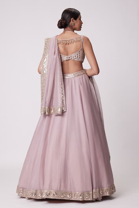 Shop_Vvani By Vani Vats_Pink Georgette, Organza Beads, Placement Embroidered Lehenga And Blouse Set _at_Aza_Fashions