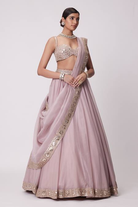 Vvani By Vani Vats_Pink Georgette, Organza Beads, Placement Embroidered Lehenga And Blouse Set _Online_at_Aza_Fashions