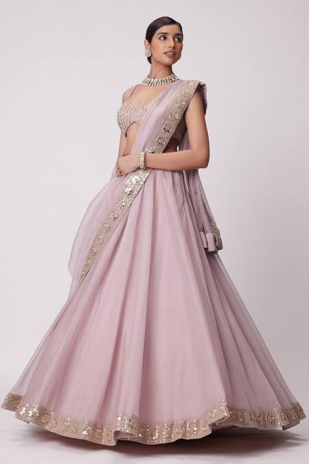 Buy_Vvani By Vani Vats_Pink Georgette, Organza Beads, Placement Embroidered Lehenga And Blouse Set _Online_at_Aza_Fashions