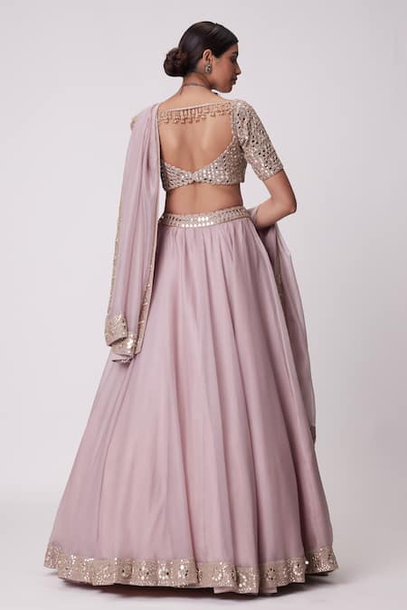 Shop_Vvani By Vani Vats_Pink Georgette, Organza Beads, Sequins, Mirrors Placement Work Lehenga Set _at_Aza_Fashions