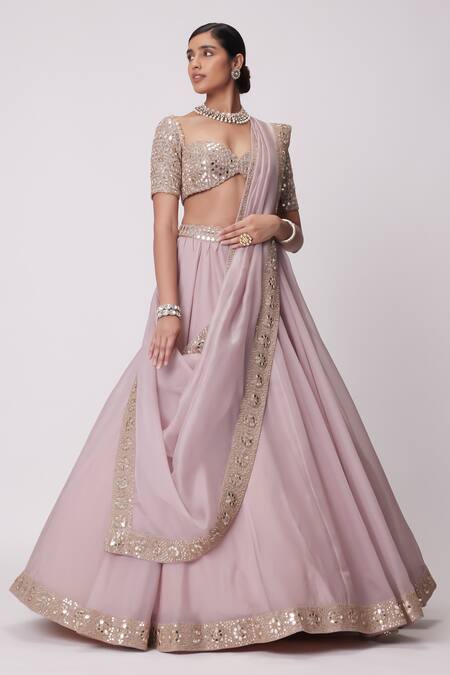 Vvani By Vani Vats_Pink Georgette, Organza Beads, Sequins, Mirrors Placement Work Lehenga Set _Online_at_Aza_Fashions